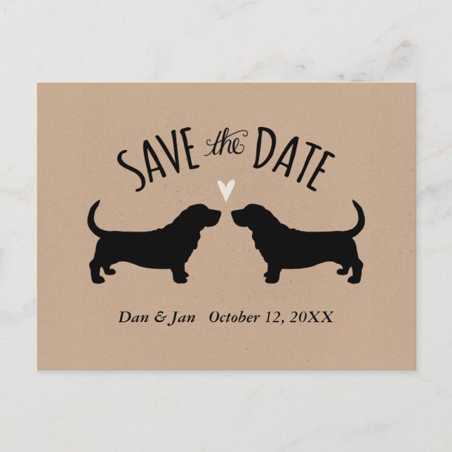 Cartão Postal De Anúncio Silhuetas de Basset Hound para Casamento Save the  (Frente)