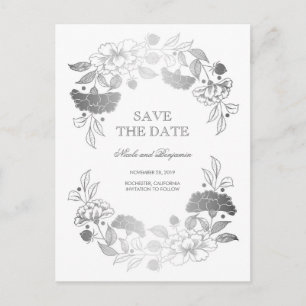 Cartão Postal De Anúncio Silver Floral Wreath Pessoas Salvem a Data