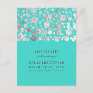 Cartão Postal De Anúncio Silver Foil Confetti Teal Salvar Data