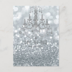 Cartão Postal De Anúncio Silver Glitter Bokeh Glam Chandelier Salvar a Data