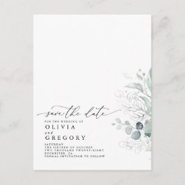 Cartão Postal De Anúncio Silver Greenery Modern Elegant Salve a Data