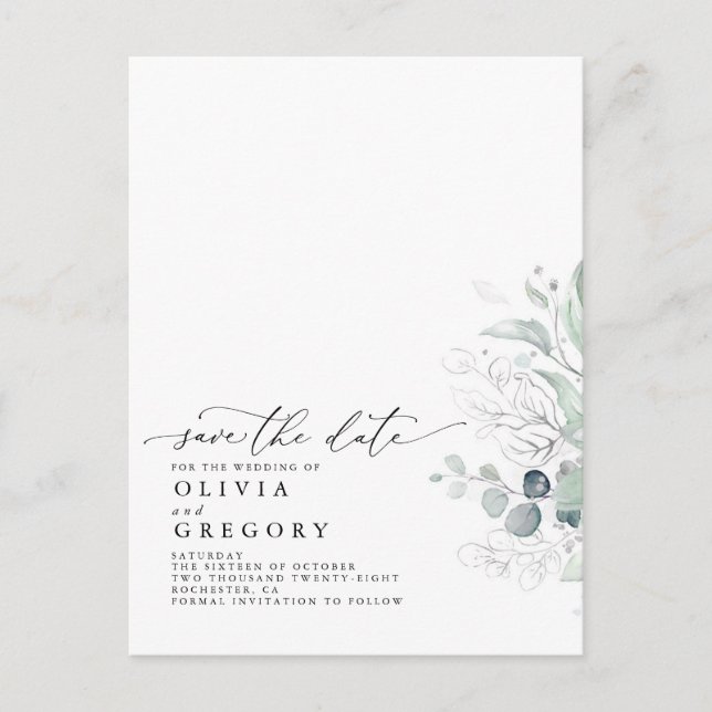 Cartão Postal De Anúncio Silver Greenery Modern Elegant Salve a Data (Frente)