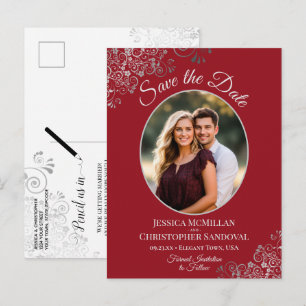 Cartão Postal De Anúncio Silver Lace & Red Wedding Salvar a Foto de Data Ov
