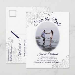 Cartão Postal De Anúncio Silver & Marinho no casamento de fotos brancas Sal