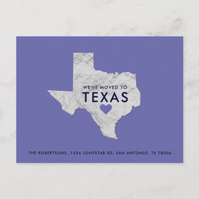 Cartão Postal De Anúncio Silver Metallic Texas Map Periwinkle Novo Endereço (Frente)