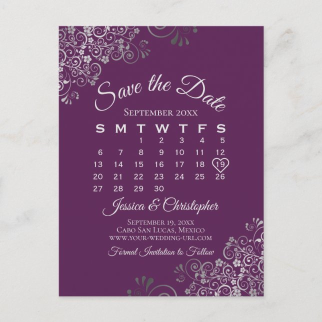 Cartão Postal De Anúncio Silver Plum Purple Wedding Save the Date Calendar (Frente)