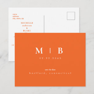Cartão Postal De Anúncio Simples e Elegante Monograma Laranja Save the Date