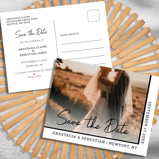 Cartão Postal De Anúncio Simples Foto Preto & Branco Casamento Roteiro Eleg (Simple Elegant Script Black & White Photo Wedding Announcement Postcard)