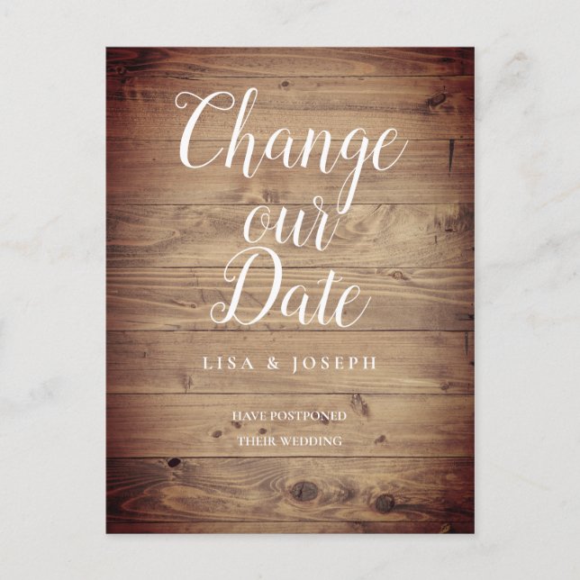 Cartão Postal De Anúncio Simples Madeira Rústica Mudar a Data Adiada (Frente)