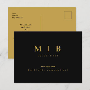 Cartão Postal De Anúncio Simples Salve a Data Monograma Dourado Preto