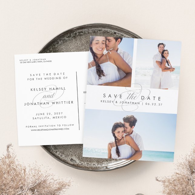 Cartão Postal De Anúncio Simplesmente Elegante Multi Foto Salve a Data (Criador carregado)