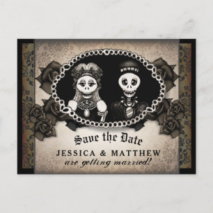 Cartão Postal De Anúncio Skeletons Antiquados Marrom de Casamento Halloween