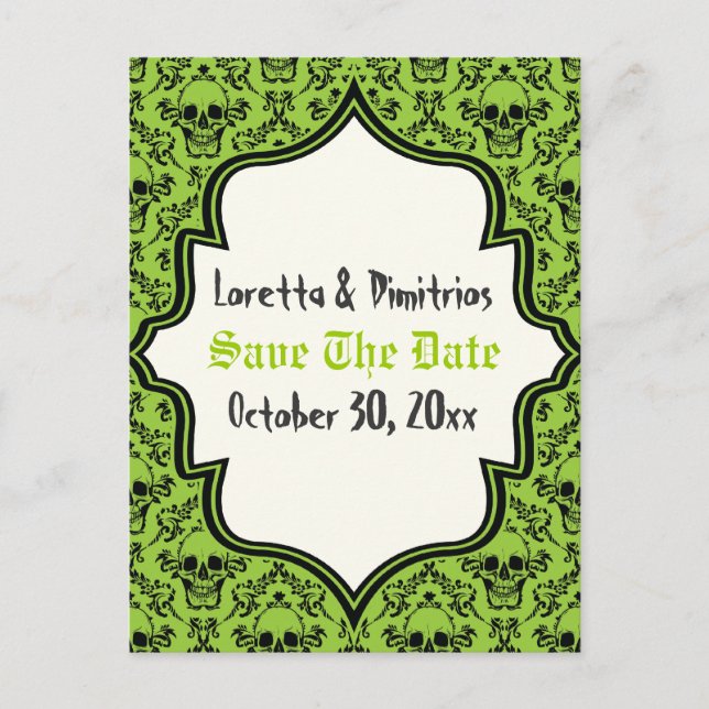 Cartão Postal De Anúncio Skulls damask green, Black Halloween Salve a data (Frente)