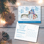 Cartão Postal De Anúncio Snowman | Deixar que a Festa de Neve Anuncie o Car<br><div class="desc">Aqui está um cartão postal de excelente para anunciar seu evento de feriado! A frente apresenta uma cena colorida que mostra um boneco de neve e seu amigo peludo de quatro pernas, vestido com um traje de Papai noel. A parte traseira tem mensagens deliciosas que você pode usar ou ajustar...</div>