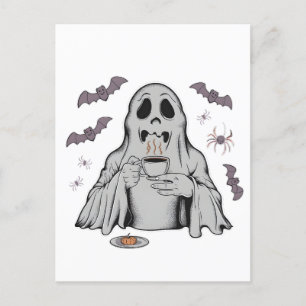 Cartão Postal De Anúncio Spooky Ghost Bebendo Cafeine Halloween