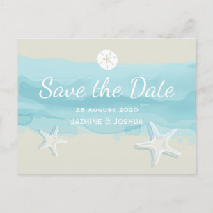 Cartão Postal De Anúncio Starfish, aqua watercolor Beach/save date