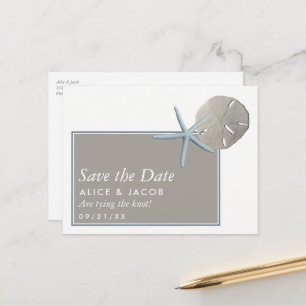 Cartão Postal De Anúncio Starfish e Sand Dollar - Beach Salve a data