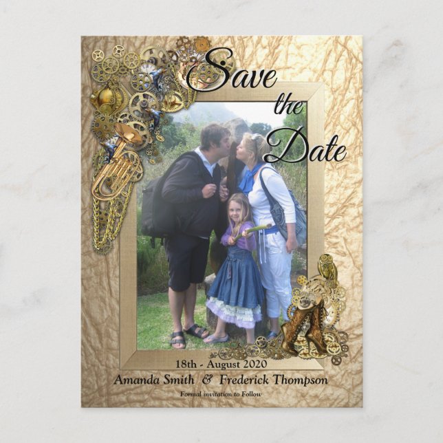 Cartão Postal De Anúncio Steampunk em Couro Dourado Save the Date (Frente)