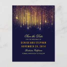 Cartão Postal De Anúncio string luz dourado confetti marinho salvar data