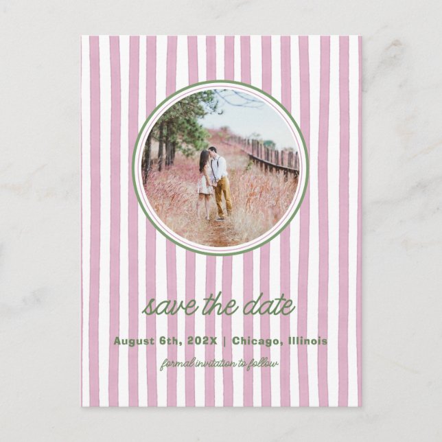 Cartão Postal De Anúncio Striped pink and greensave the date photo postcard (Frente)