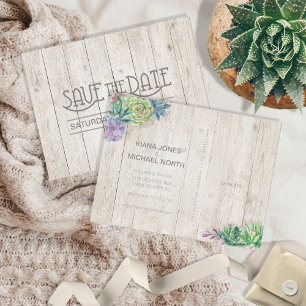 Cartão Postal De Anúncio Succulents and Rustic Wood Save the Date ID515