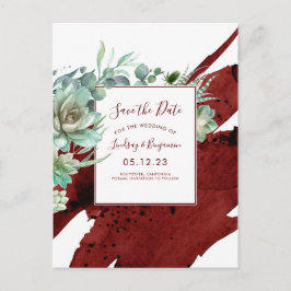 Cartão Postal De Anúncio Succulents Greenery Burgundy Red Salvar a Data
