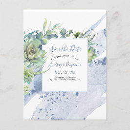 Cartão Postal De Anúncio Succults Greenery Dusty Blue Salve a Data