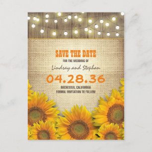 Cartão Postal De Anúncio Sunflower Burlap String Light Rustic Save Date