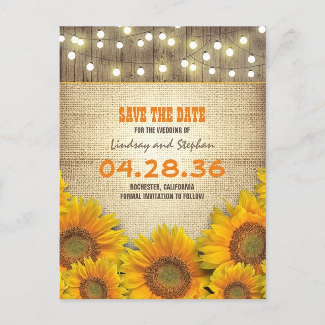 Cartão Postal De Anúncio Sunflower Burlap String Light Rustic Save Date (Frente)