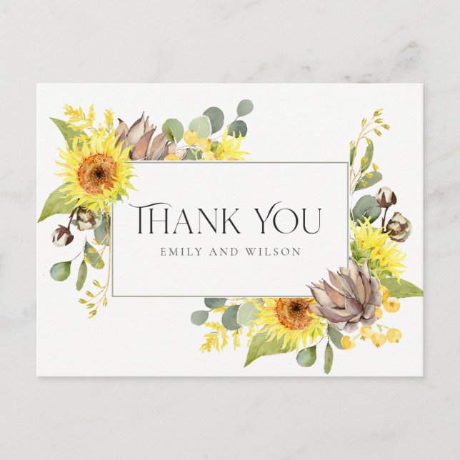 CARTÃO POSTAL DE ANÚNCIO SUNFLOWER EUCALYPTUS FLORAL WEDDING OBRIGADO (Frente)