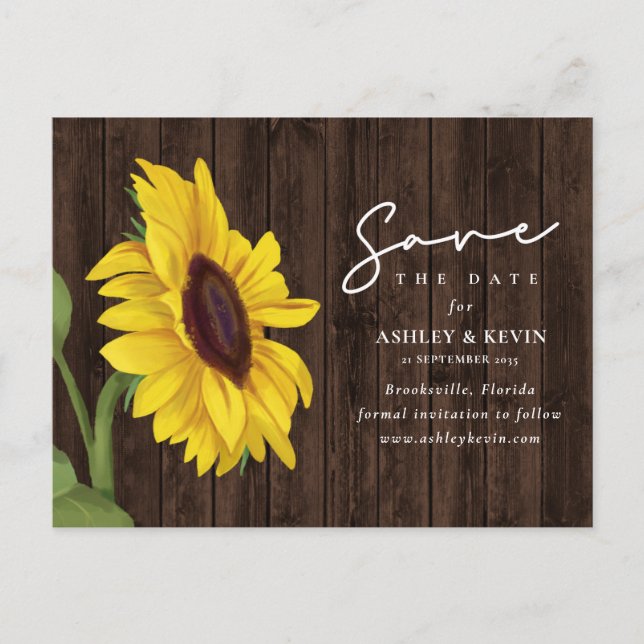Cartão Postal De Anúncio Sunflower Floral Rustic Wood Casamento Salvar Data (Frente)
