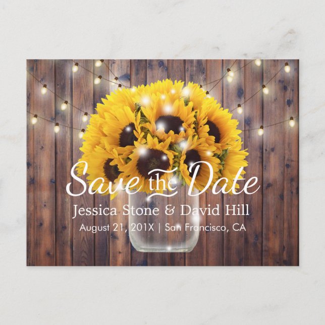 Cartão Postal De Anúncio Sunflower Jar Rustic Barn Casamento Salva Data (Frente)