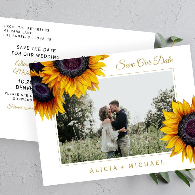 Cartão Postal De Anúncio Sunflower rustic elegant salve a data do casamento (Criador carregado)