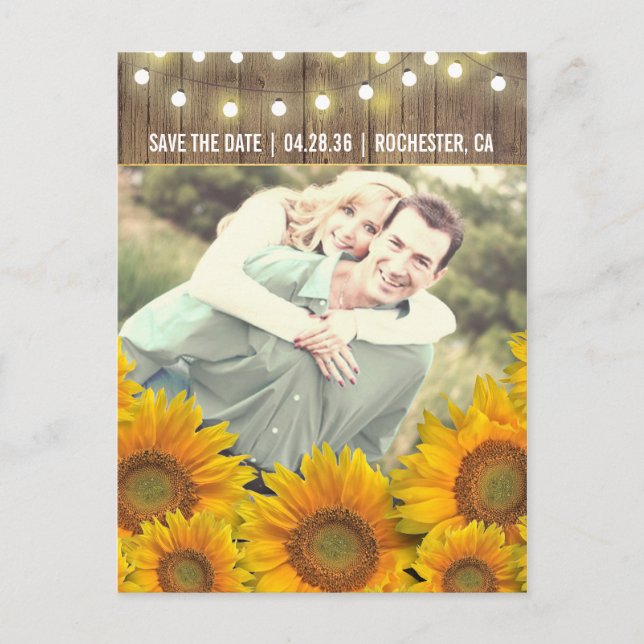 Cartão Postal De Anúncio Sunflower Rustic Photo Save The Date Postcards (Frente)