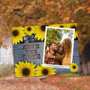 Cartão Postal De Anúncio Sunflower Save The Date Wedding  Azul clássico