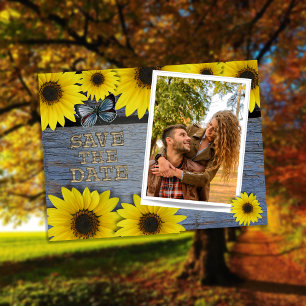 Cartão Postal De Anúncio Sunflower Save The Date Wedding Azul clássico