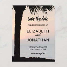 Cartão Postal De Anúncio Sunset de Casamento com Silhueta de Árvore de Palm