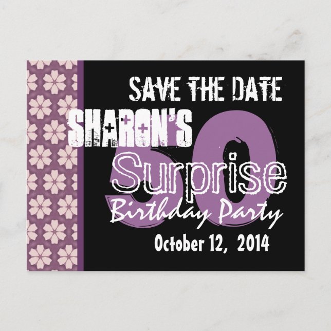 Cartão Postal De Anúncio Surpresa de Aniversário de 50 Anos Roxo Preto Mode (Frente)