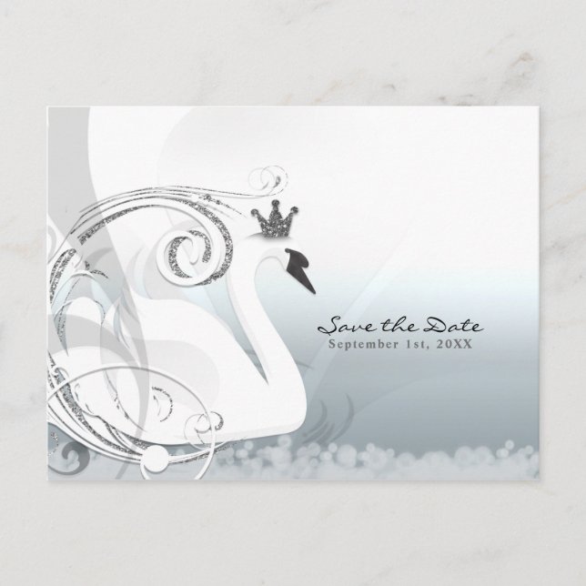 Cartão Postal De Anúncio Swan Princess Silver & White Salvar a Data (Frente)