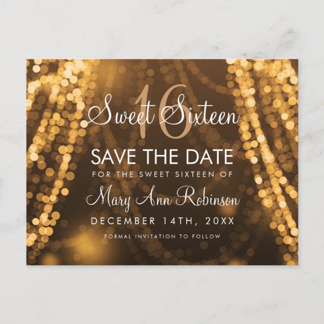 Cartão Postal De Anúncio Sweet 16 "Save The Date" Douradas Luzes De String (Frente)