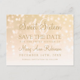 Cartão Postal De Anúncio Sweet 16 Save The Date Dourado Bokeh Sparkle Light