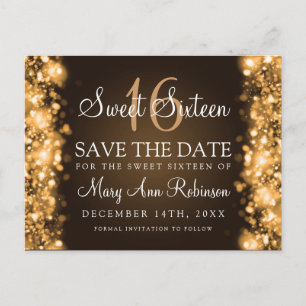 Cartão Postal De Anúncio Sweet 16 "Save The Date" Luzes Espumantes Douradas