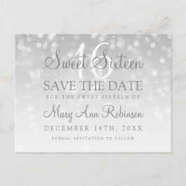 Cartão Postal De Anúncio Sweet 16 Save The Date Prata Bokeh Sparkle Lights