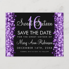 Cartão Postal De Anúncio Sweet 16 Save The Date Purple Party Sparkles