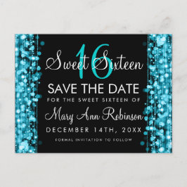 Cartão Postal De Anúncio Sweet 16 Save The Date Turquoise Party Sparkles