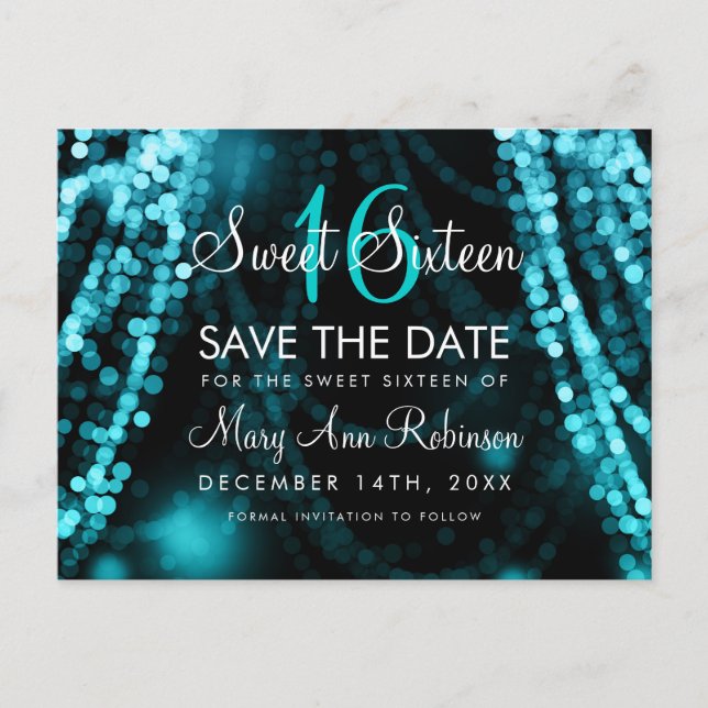 Cartão Postal De Anúncio Sweet 16 "Save The Date" Turquoise String Lights (Frente)