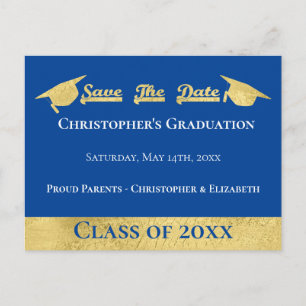Cartão Postal De Anúncio Tampa Azul Dourado Falso Salvar A Data Graduação