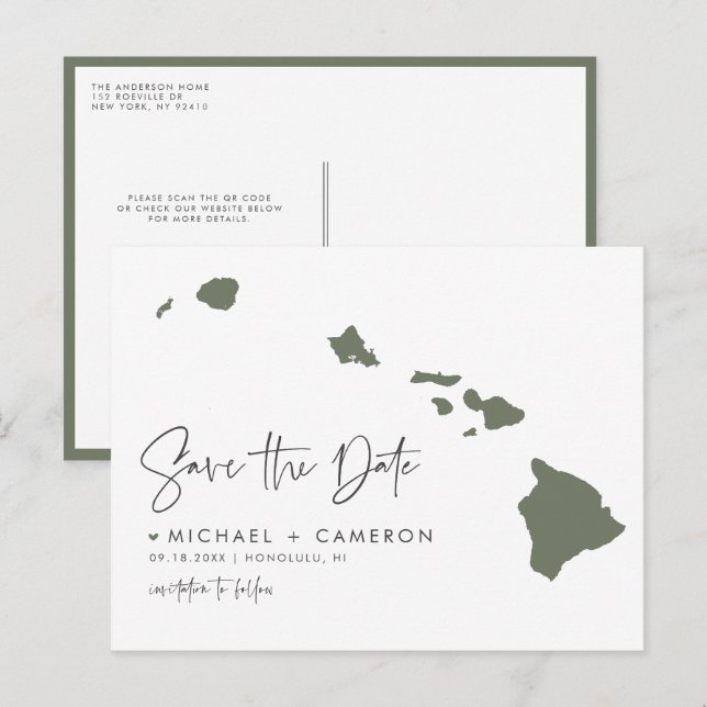 Cartão Postal De Anúncio Taupe Green Hawaii State Map Código QR Salvar Data (Frente/Verso)