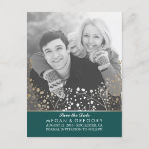 Cartão Postal De Anúncio Teal e Dourado   Save the Date Respiro de Bebê