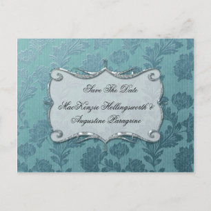 Cartão Postal De Anúncio Teal Floral Damask Save Date (Dano Floral Teal)